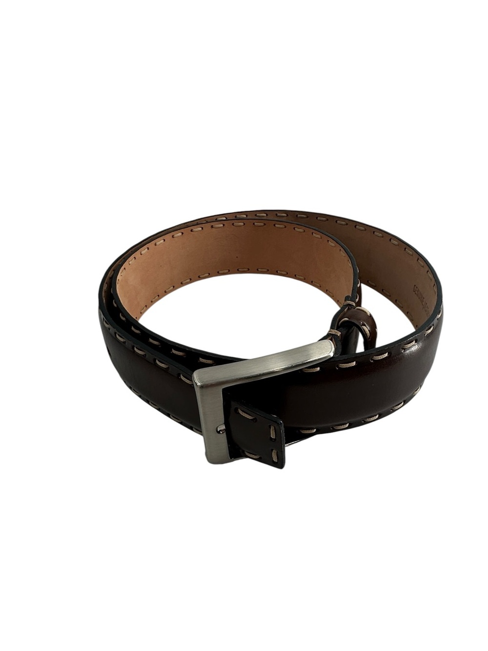 Canali Brown Leather Belt Contrast Stitch Handmade solid brass designer 85/100